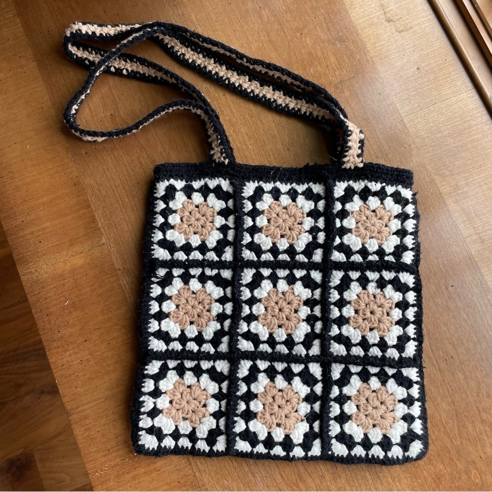 Handcrafted Crochet Granny Square Tote Bag - Black, White, and Tan Neutral
